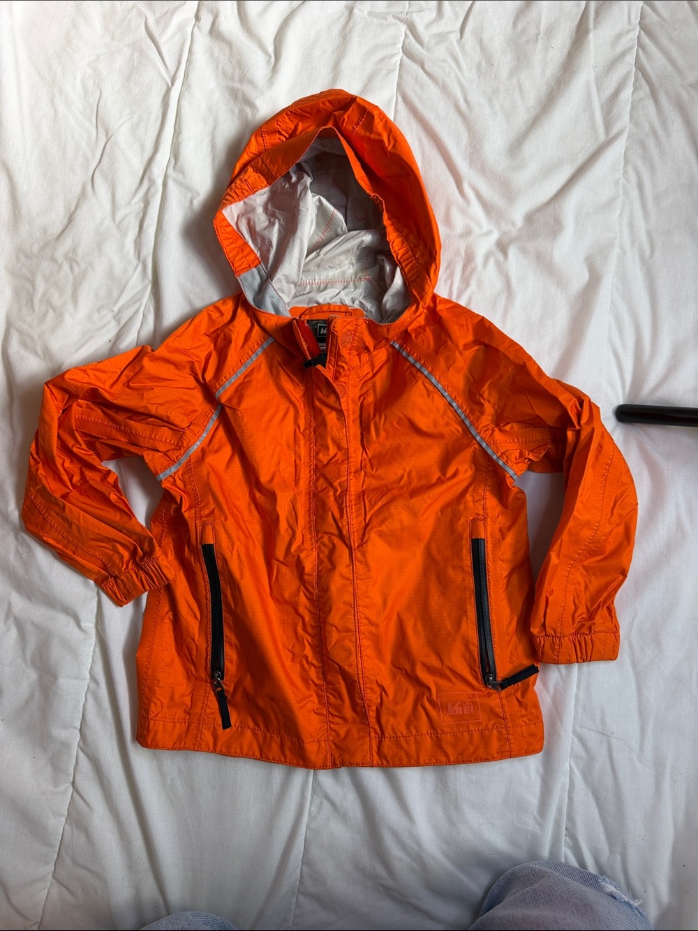 REI Kids Orange Hooded Rain Jacket with Reflective Trim